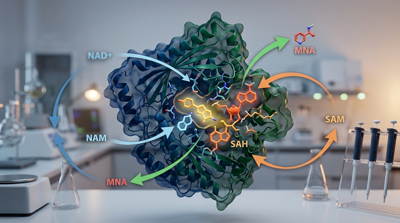 3D visualization of the NNMT enzyme catalytic site interacting with a small-molecule inhibitor.