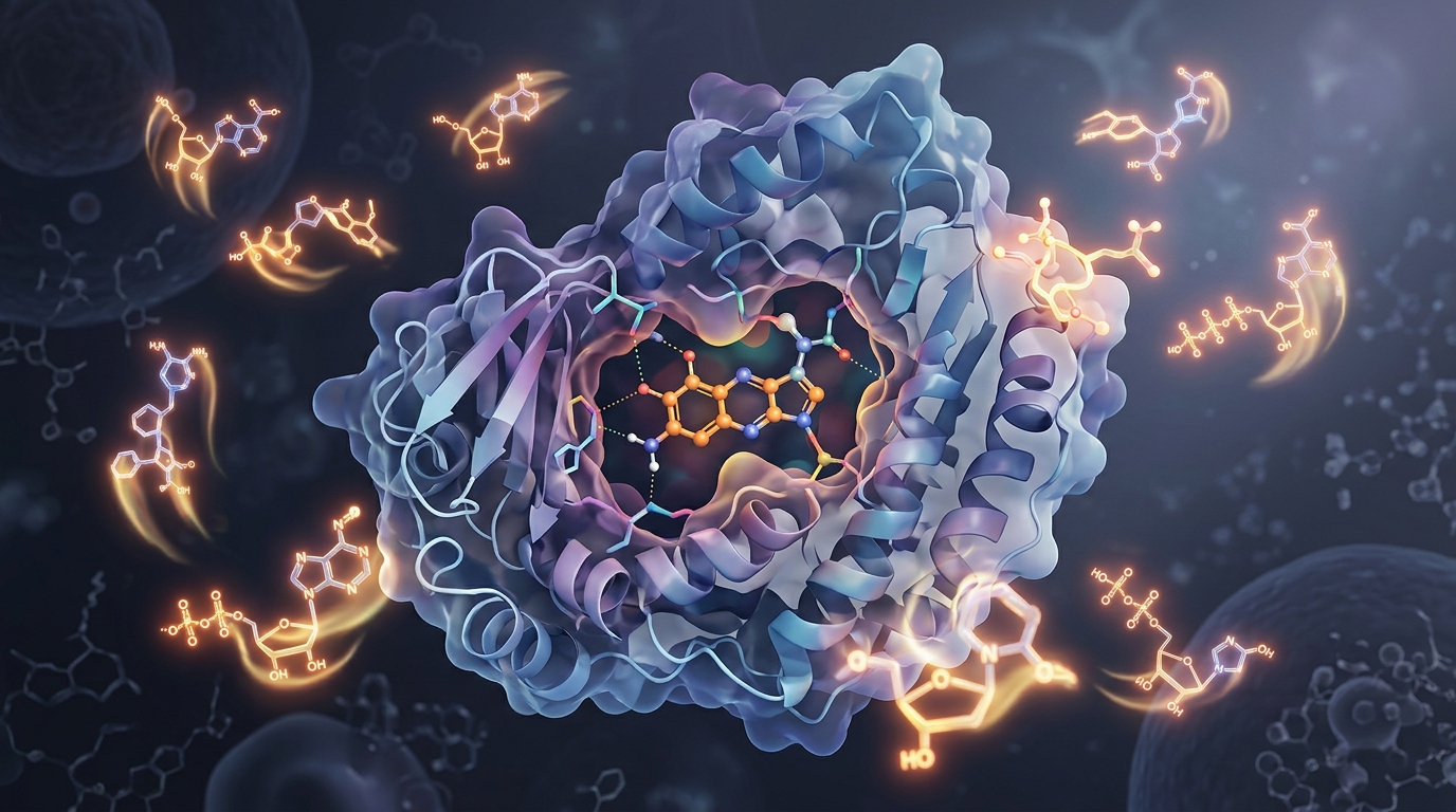 3D molecular visualization of 5-Amino-1MQ inhibiting the NNMT enzyme to boost cellular NAD+