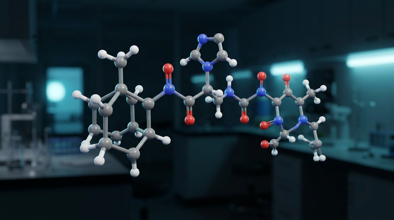 3D molecular structure of Adamax peptide with adamantane moiety and peptide backbone.