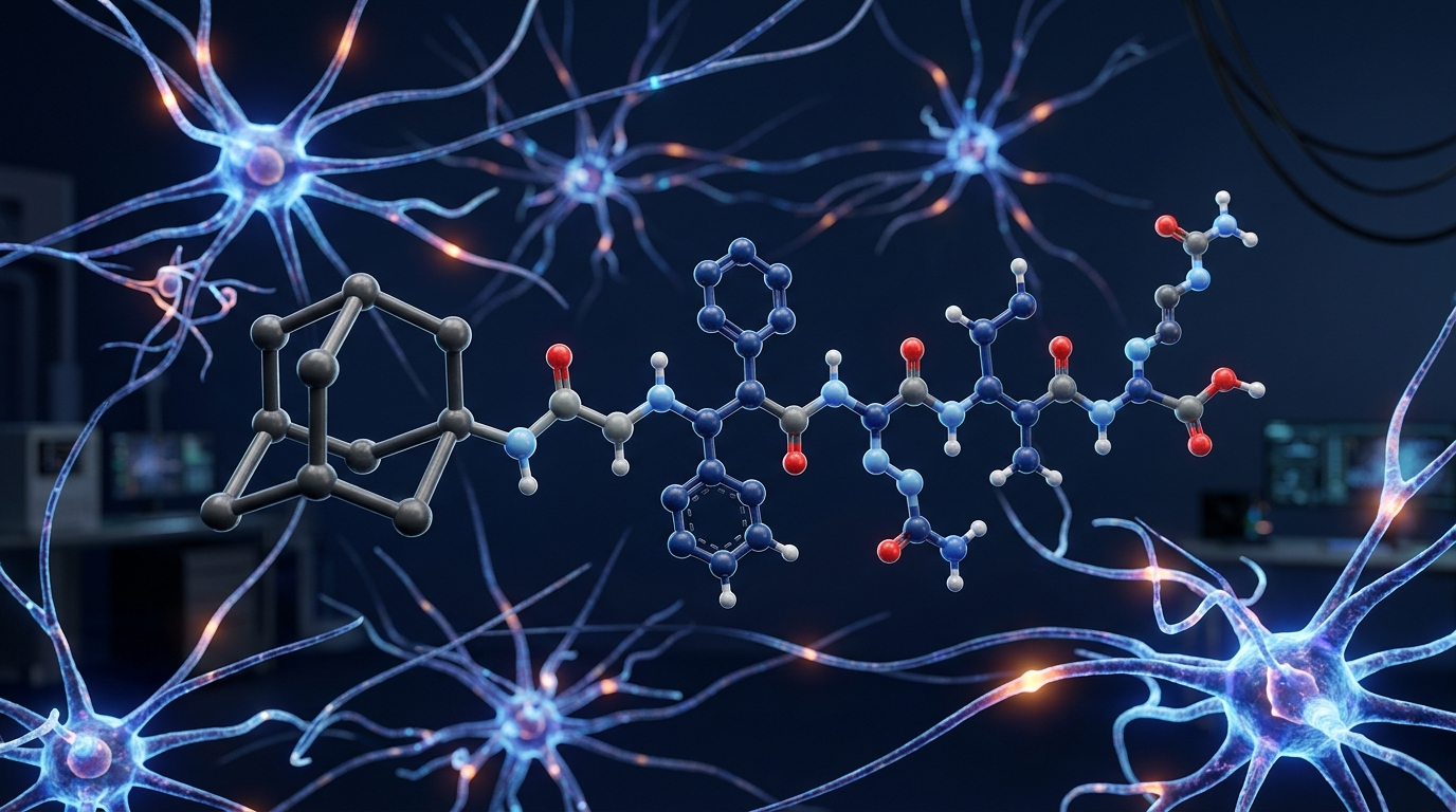 3D molecular model of a modified neuropeptide chain featuring an adamantane hydrocarbon group near synaptic pathways.