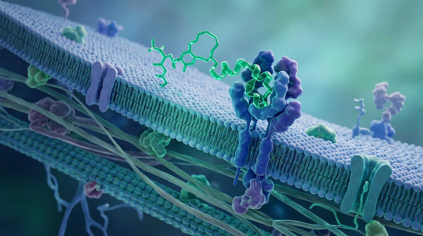 3D molecular rendering of ARA-290 cibinetide peptide interacting with cellular receptor