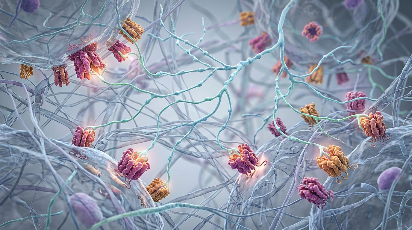 Microscopic view of delicate sensory nerve fiber branches and cellular receptor structures in peripheral tissue.