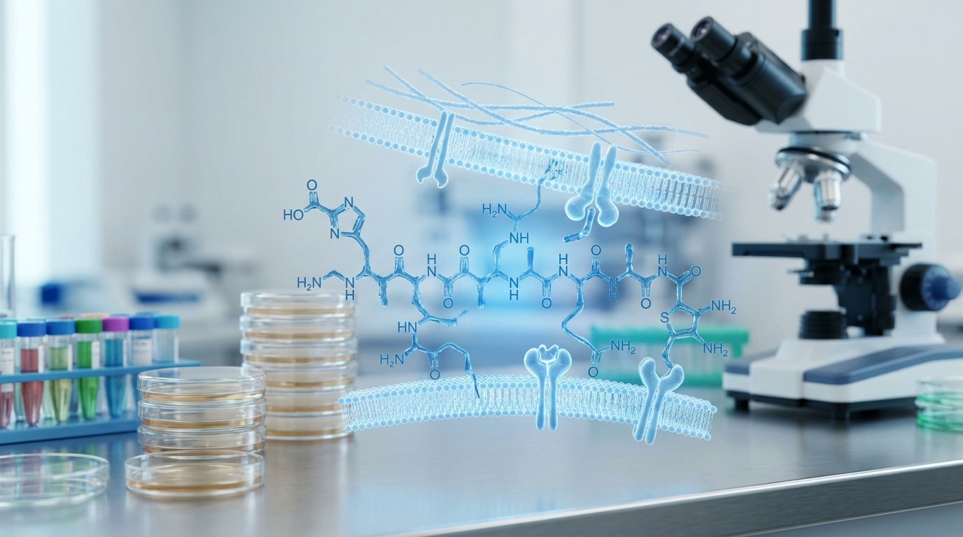 3D molecular visualization of the BPC-157 peptide in a medical research laboratory.