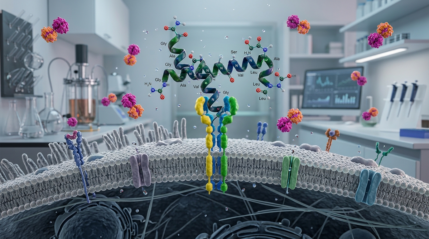 3D scientific illustration of a synthetic pentadecapeptide molecule interacting with cell surface receptors.