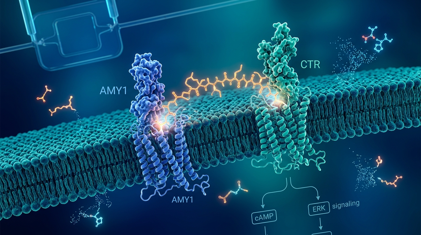 3D molecular visualization of the research peptide Cagrilintide binding to dual neuroendocrine receptors.