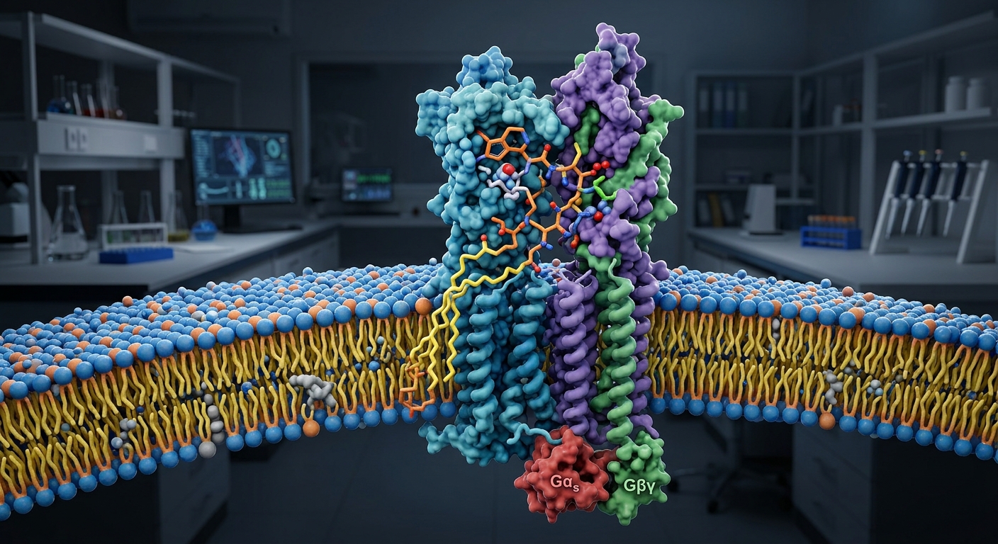 3D molecular visualization of an amylin analog peptide binding to its receptor complex within a cell membrane.