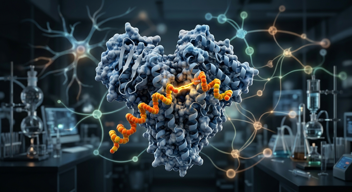 3D visualization of a modified peptide molecule conjugating to a serum albumin protein structure.