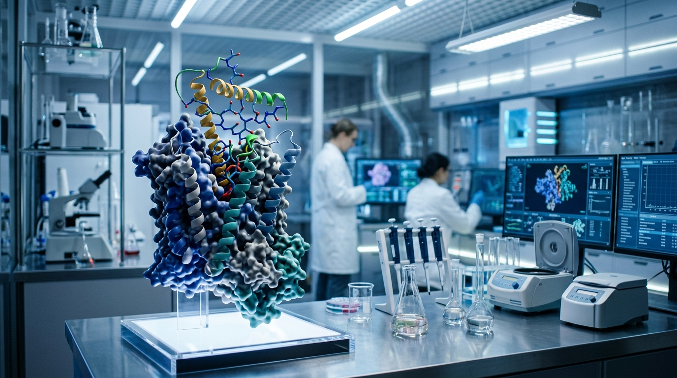 3D molecular visualization of the synthetic GHRH analog CJC-1295 in a laboratory research environment