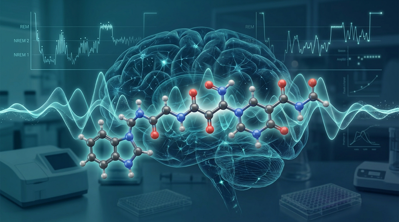 3D visualization of Delta Sleep-Inducing Peptide (DSIP) structure overlaid on slow-wave sleep delta rhythms and neural pathwa