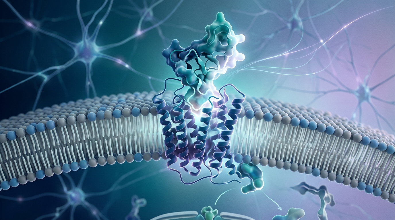 3D molecular visualization of the Eloralintide peptide interacting with amylin receptor complexes.