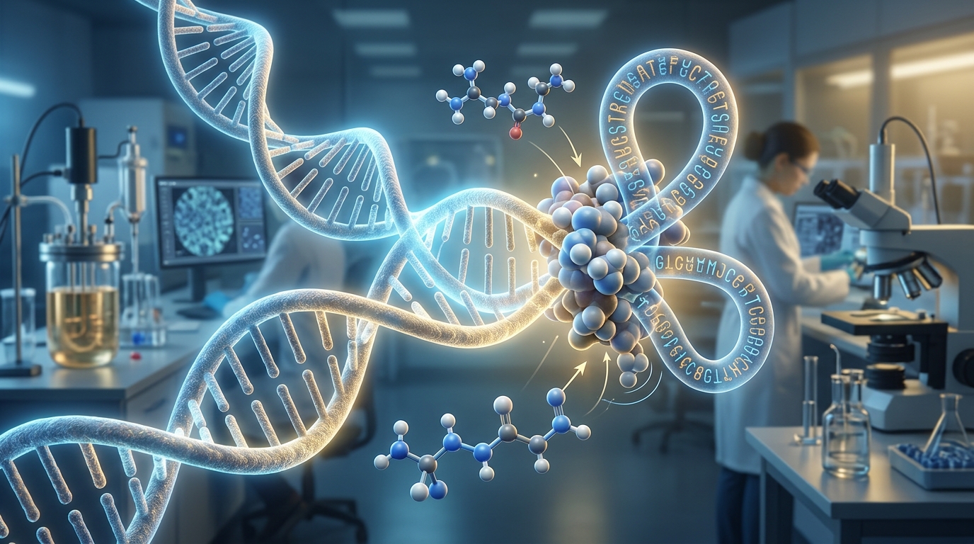 3D molecular visualization of Epitalon tetrapeptide interacting with DNA and telomerase structure