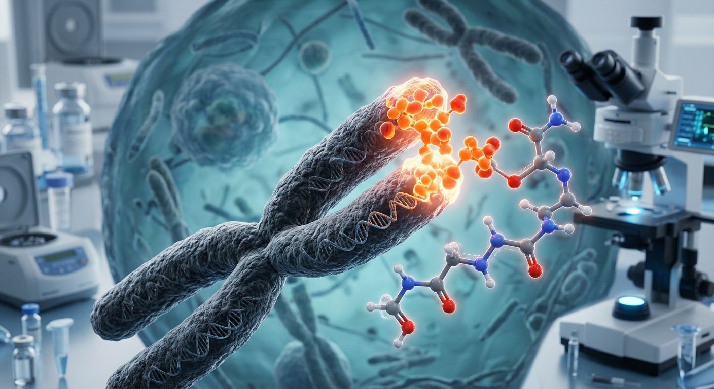Microscopic rendering of chromosome telomeres interacting with a peptide structure inside a cell nucleus.