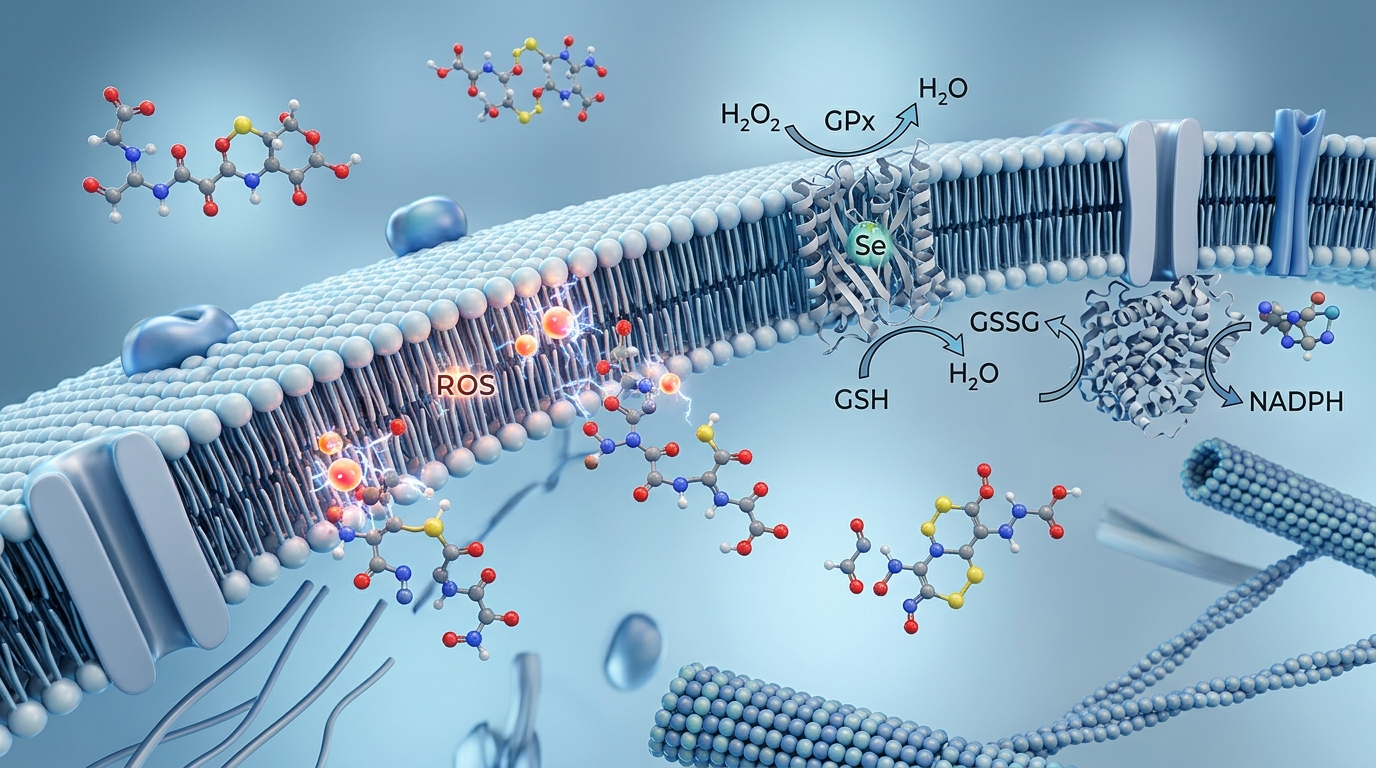 3D molecular visualization of the glutathione tripeptide antioxidant in a cellular environment
