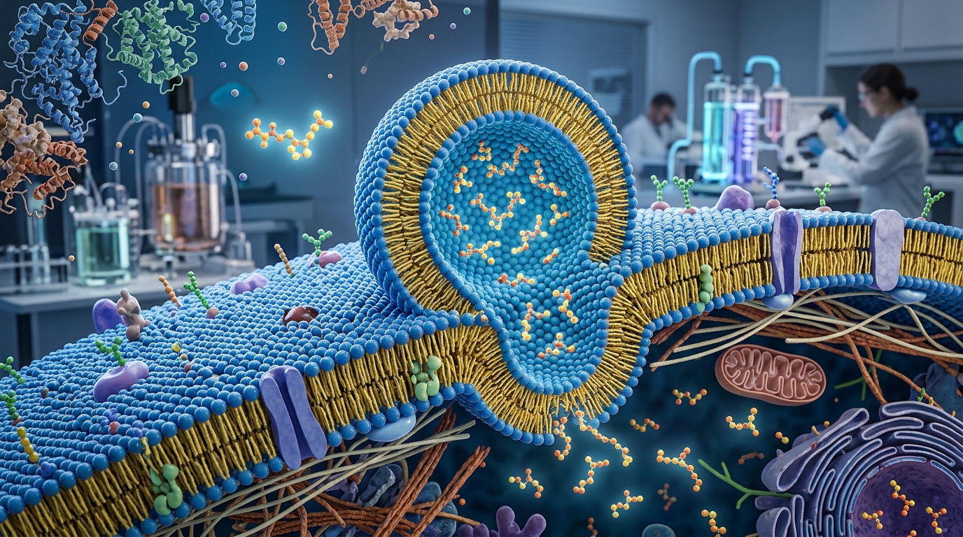 Microscopic visualization of a lipid vesicle encapsulating antioxidant peptide molecules at a cellular membrane.