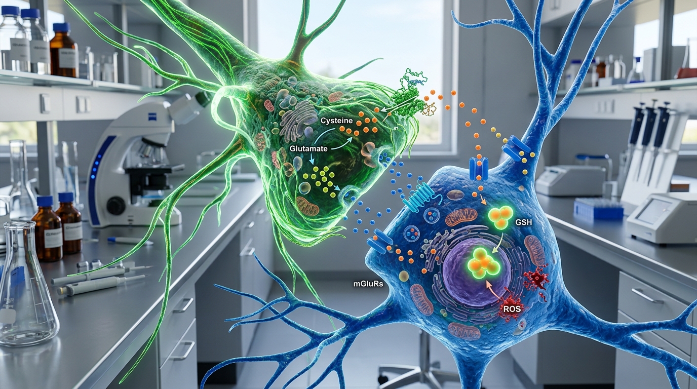 Scientific visualization of an astrocyte interacting with a neuron showing antioxidant biochemical exchange.