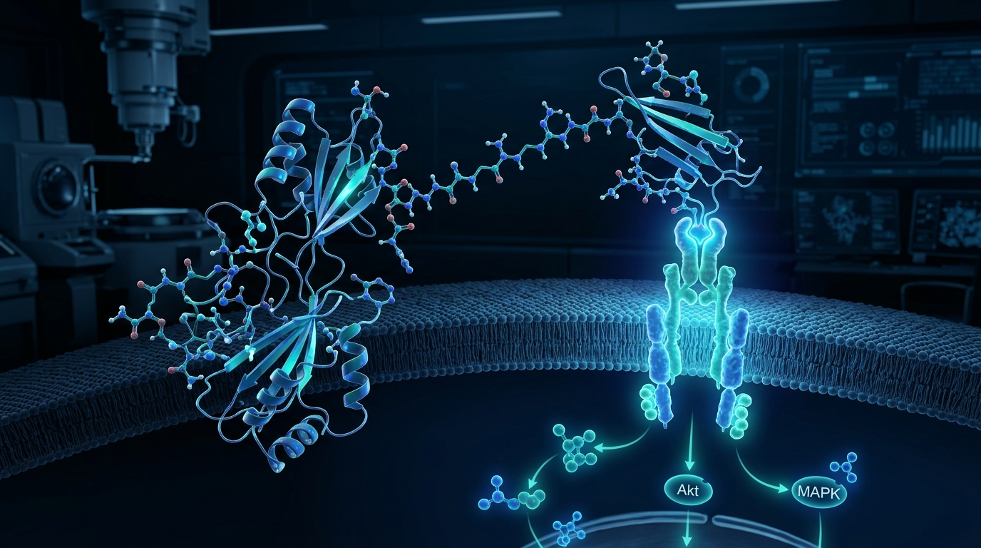3D molecular rendering of the IGF-1 LR3 peptide structure illustrating receptor binding sites.