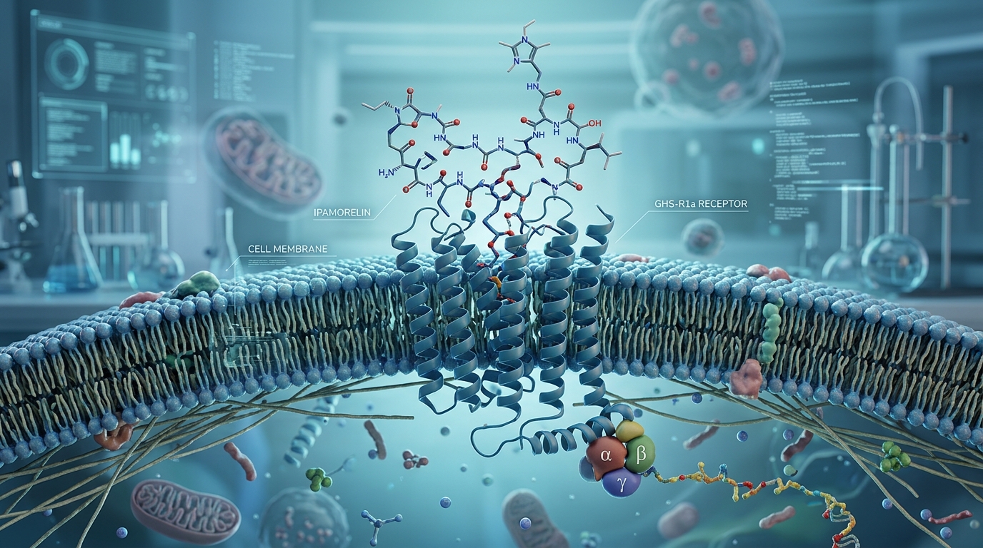 3D molecular model representation of Ipamorelin peptide interacting with the growth hormone secretagogue receptor