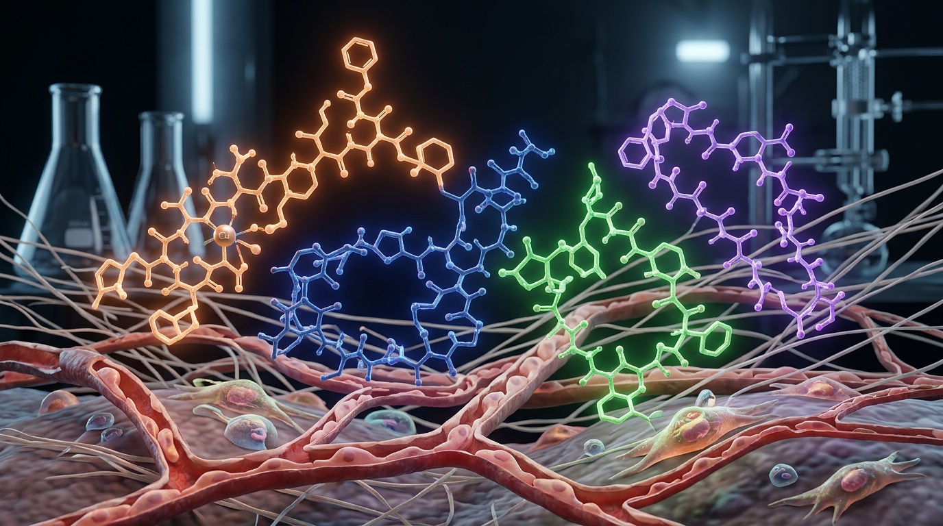 3D visualization of research peptides interacting with cellular tissue and vascular networks representing the KLOW stack.