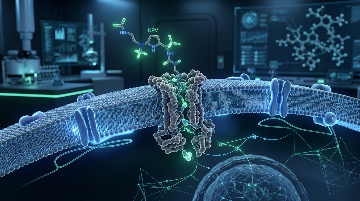 3D molecular visualization of the KPV tripeptide interacting with cellular transport mechanisms in epithelial tissue