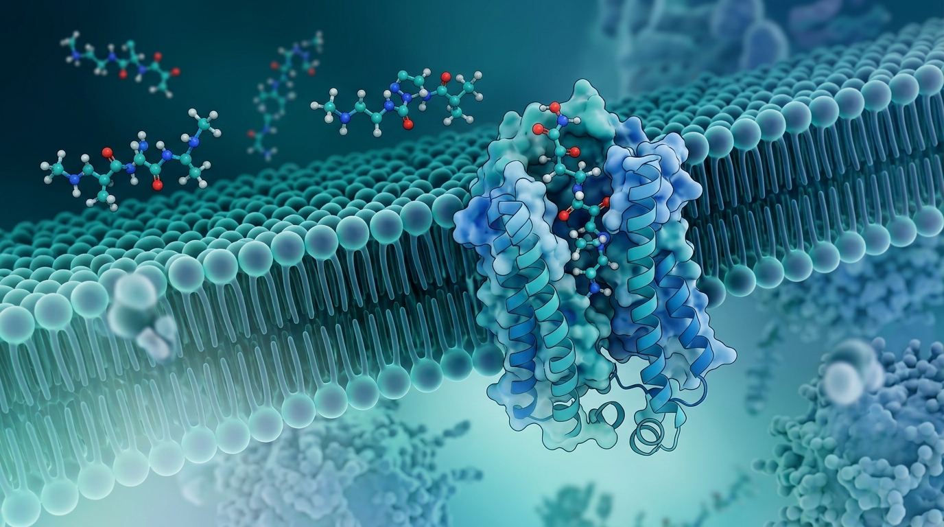 3D molecular model of KPV peptide interacting with a cell membrane transporter