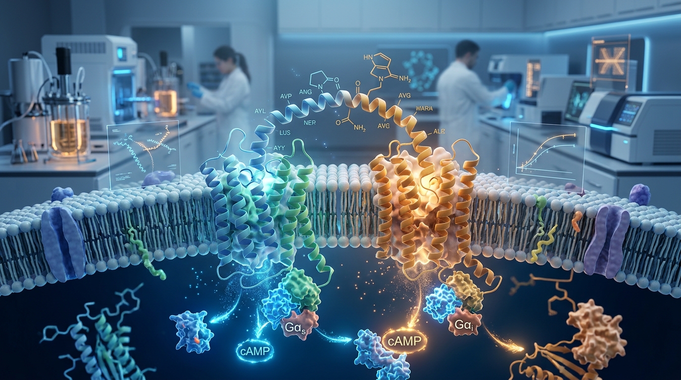 3D scientific illustration of dual GLP-1 and glucagon receptor agonist Mazdutide molecular interactions