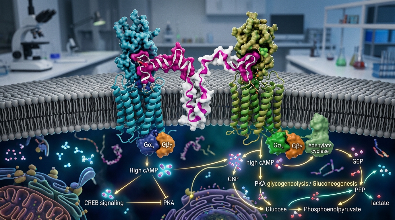 3D scientific visualization of a dual GLP-1 and glucagon receptor agonist interacting with cell membrane receptors.
