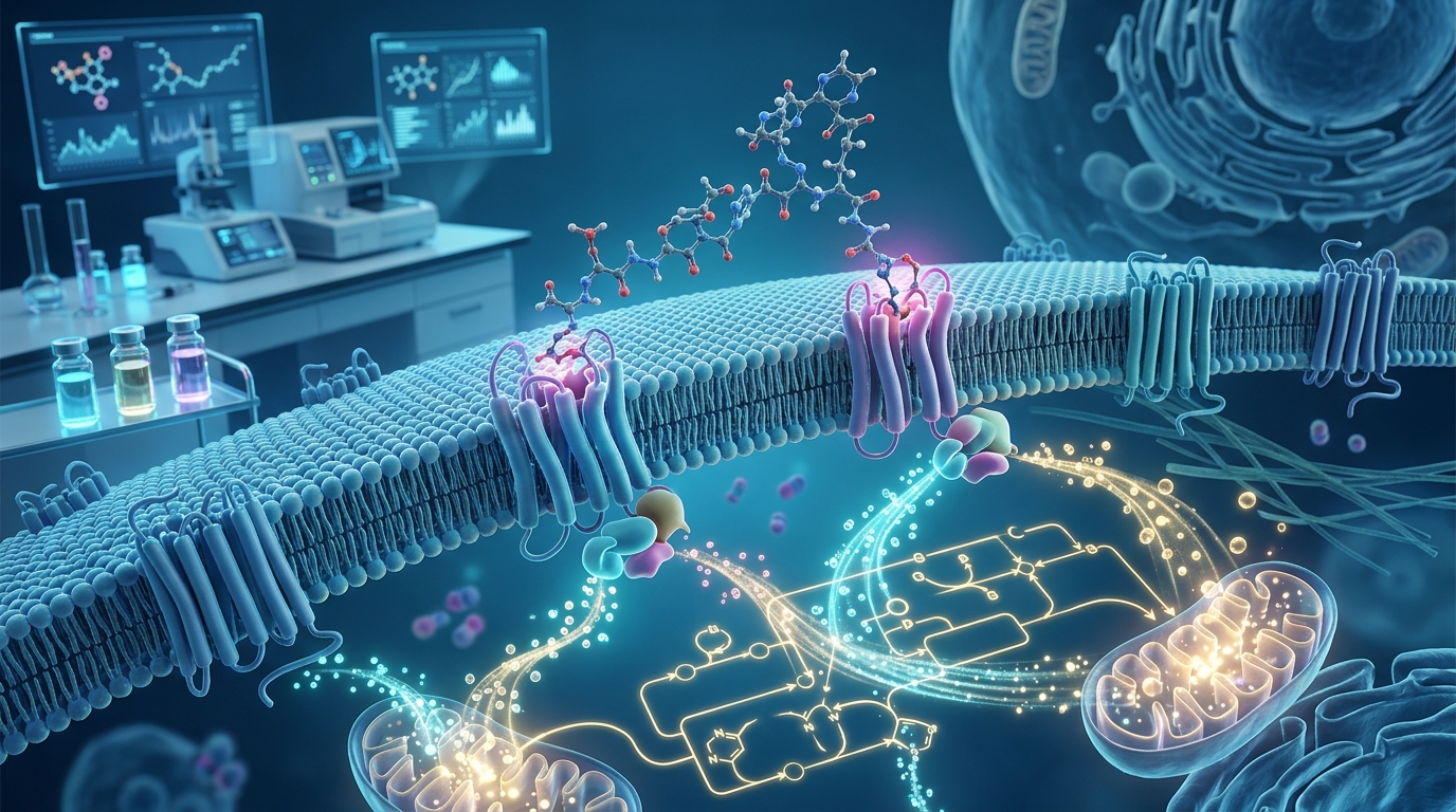 3D molecular visualization of Mazdutide dual GLP-1 and glucagon receptor agonist interaction.