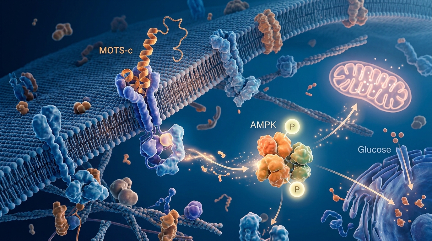 3D scientific illustration of the MOTS-c peptide interacting with cellular metabolic pathways