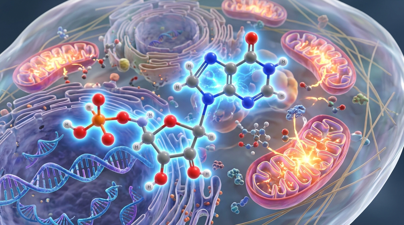 3D scientific rendering of an NAD+ molecule interacting with mitochondria and DNA in a cellular environment