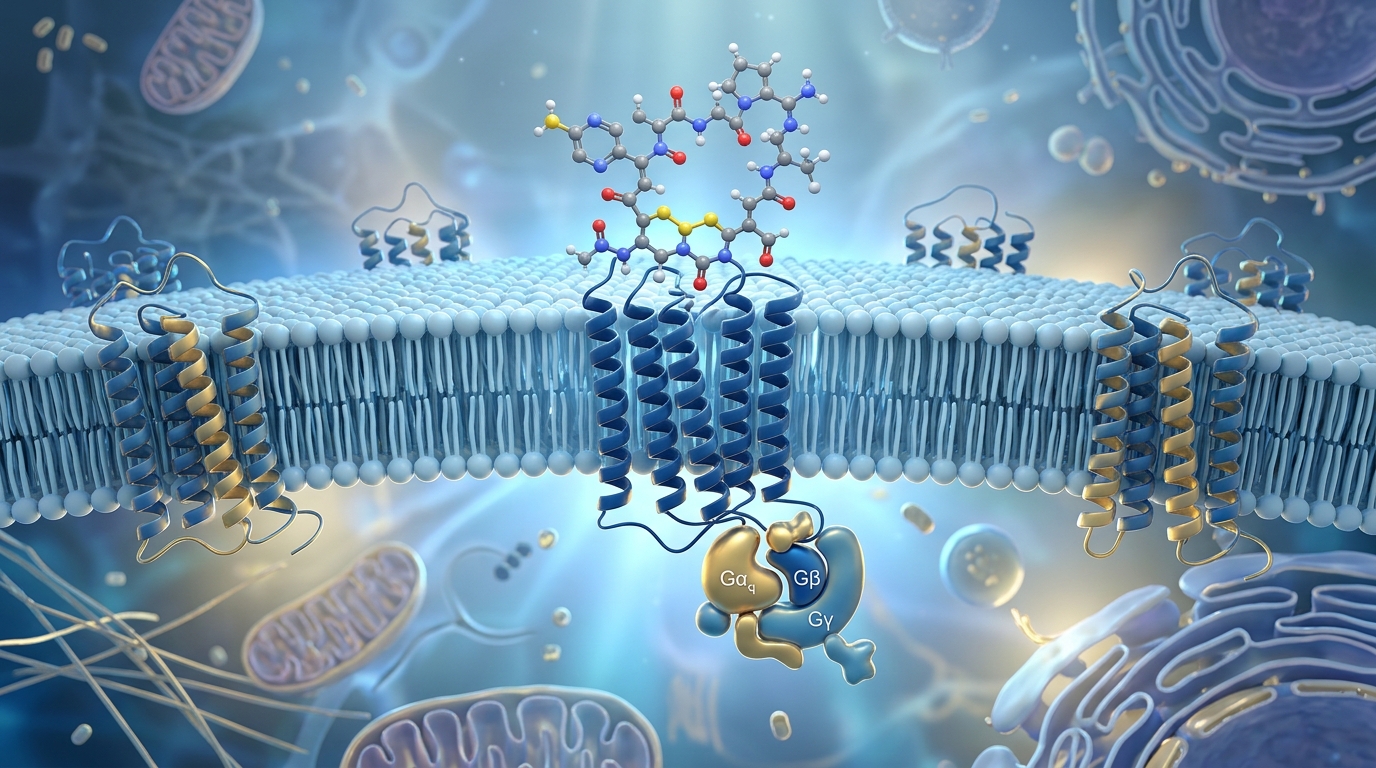 3D scientific model of the oxytocin research peptide molecular structure docking with an oxytocin receptor