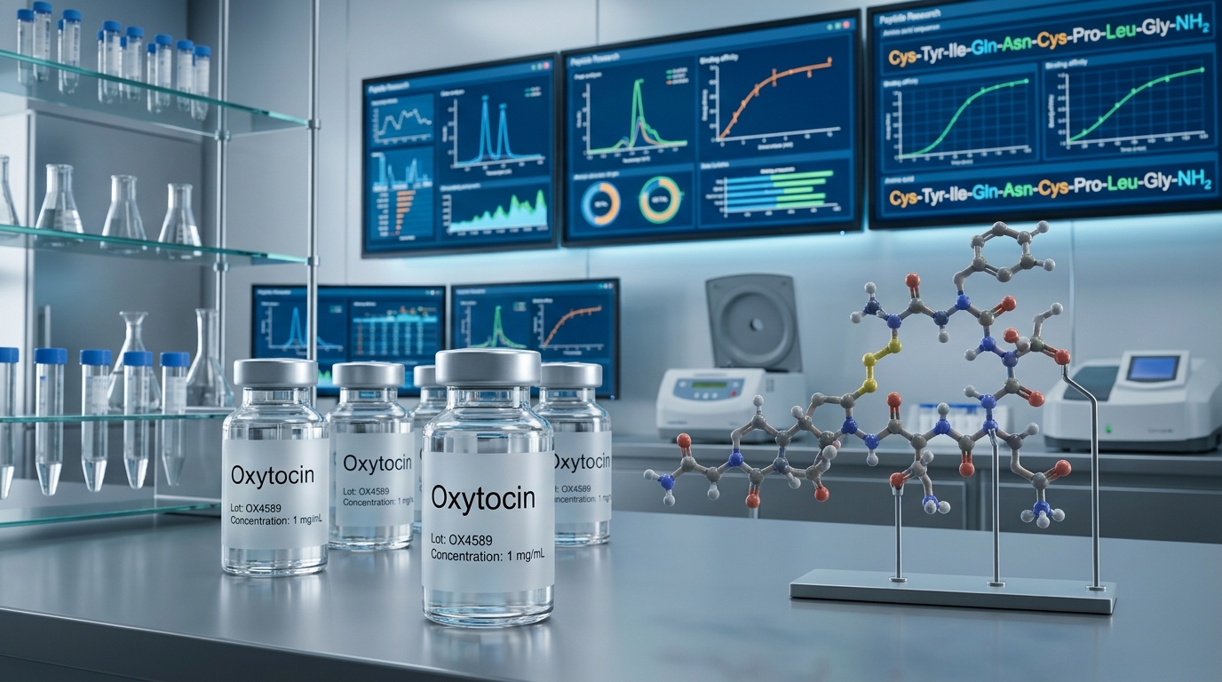 Laboratory setup illustrating peptide research with molecular structural models of oxytocin and scientific data.