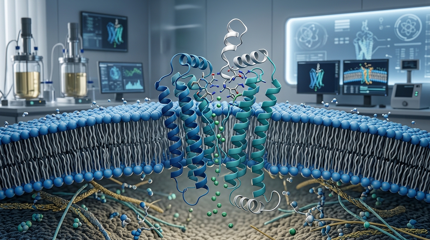 3D molecular visualization of PE-22-28 peptide interacting with the TREK-1 potassium channel.