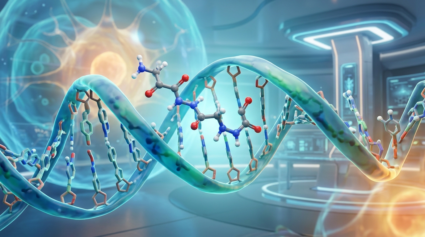 3D scientific illustration of Pinealon tripeptide interacting with double-stranded DNA in a neural cell
