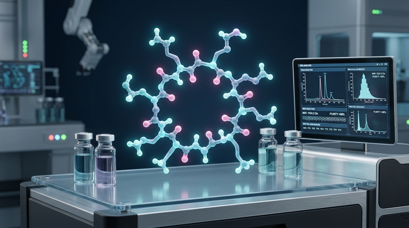 3D molecular visualization of the PT-141 Bremelanotide peptide structure in a biomedical research environment