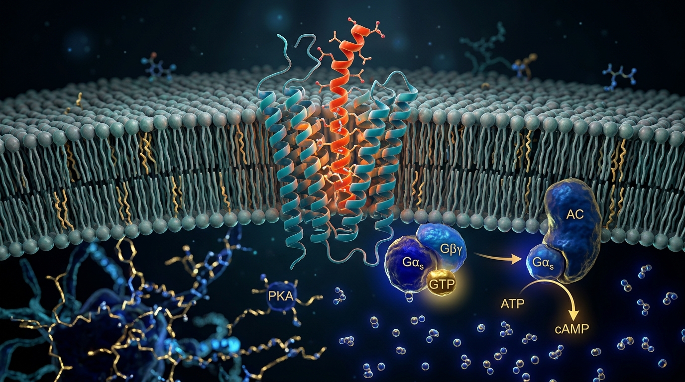 Molecular rendering of a melanocortin peptide agonist docking into a 7-transmembrane GPCR on a neuronal cell membrane.