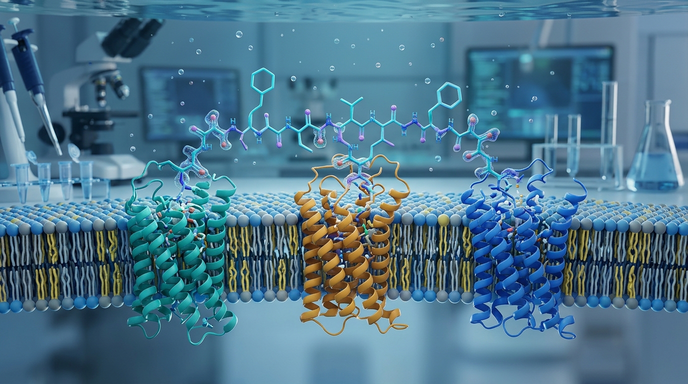 Microscopic visualization of a triple hormone receptor agonist interacting with cellular membrane receptor proteins.