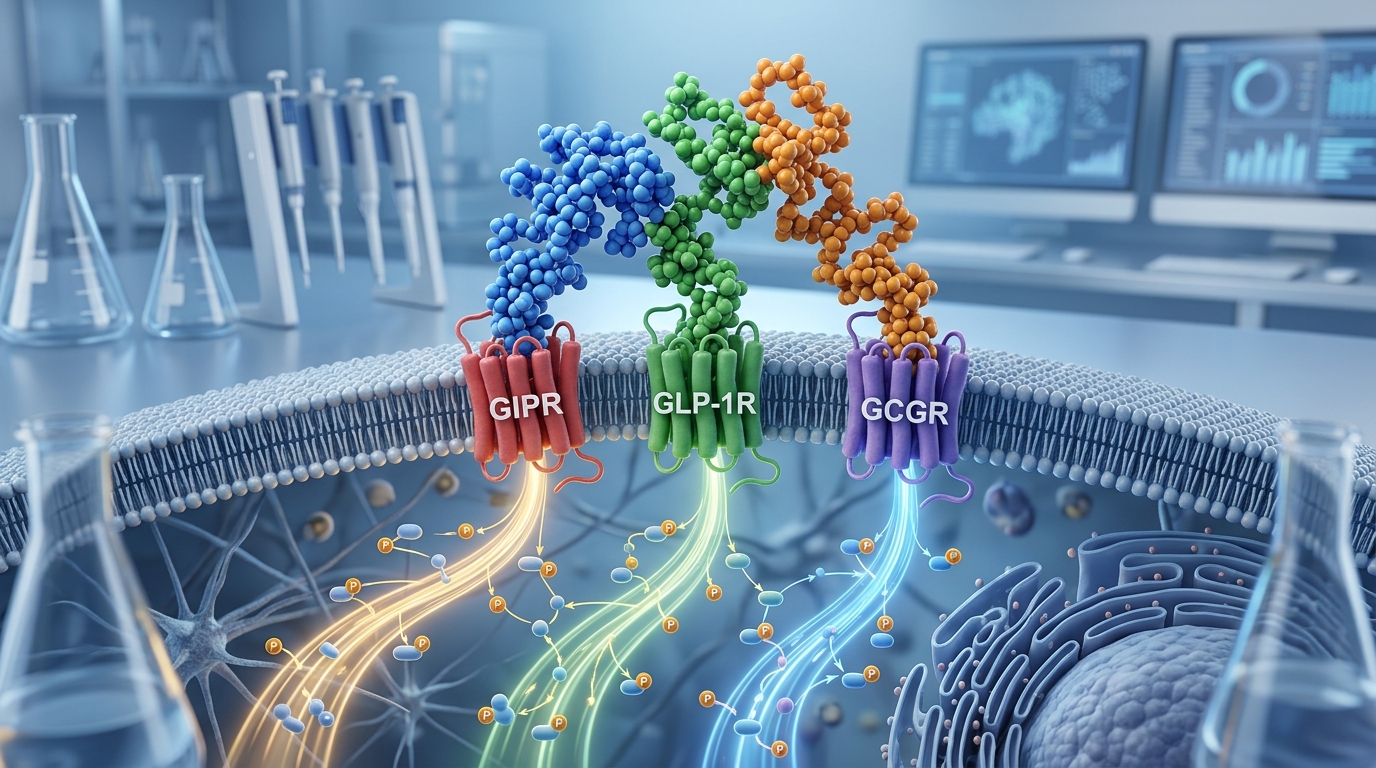 3D molecular visualization of the Retatrutide peptide activating GIP, GLP-1, and glucagon receptor complexes