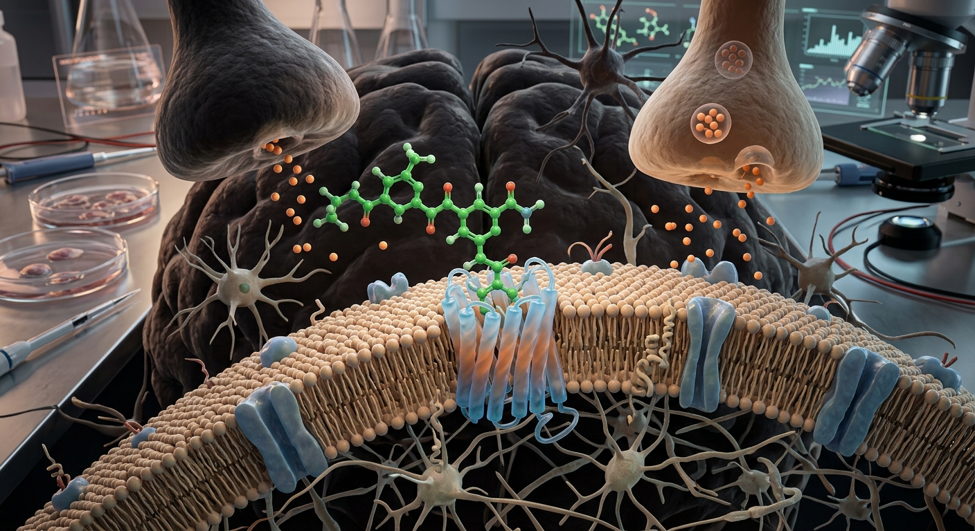 3D visualization of the Selank heptapeptide interacting with neural receptors and neurotransmitter systems.