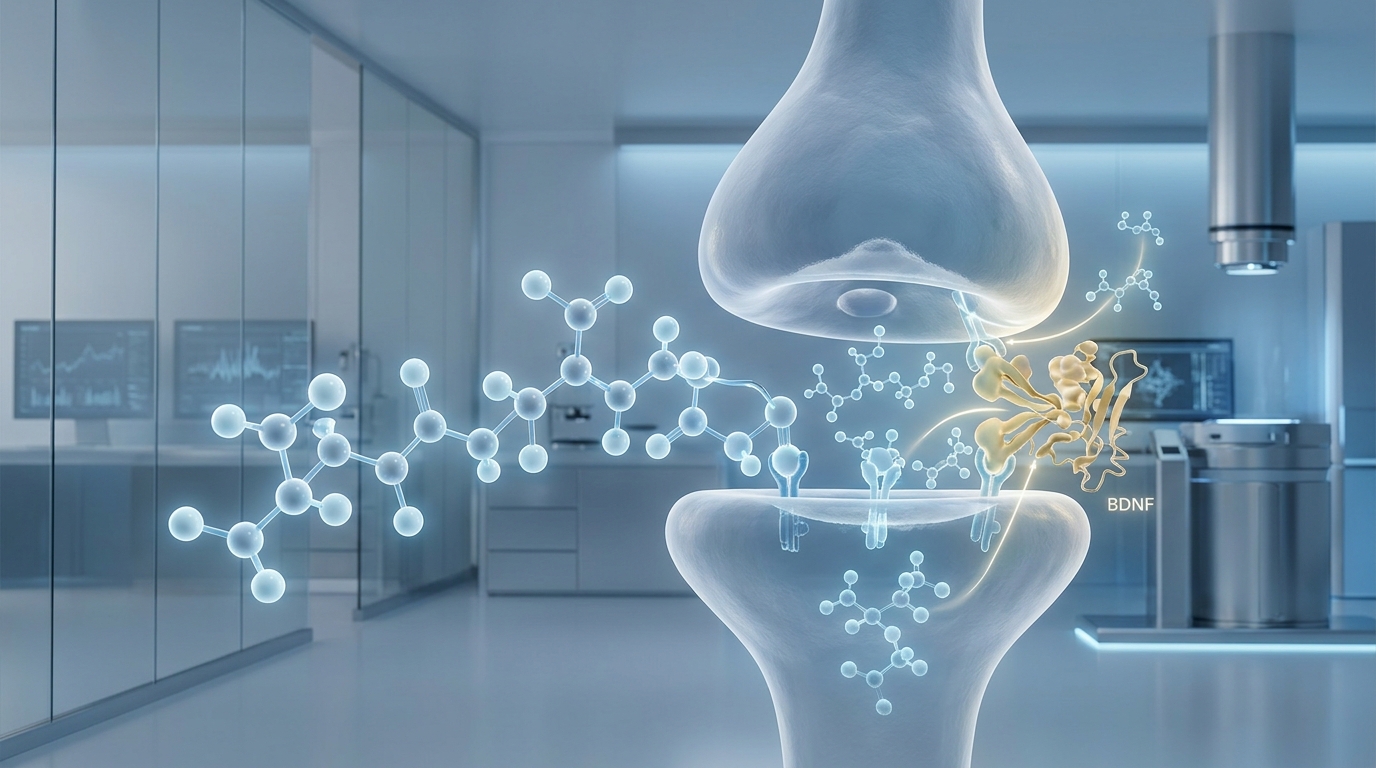 3D visualization of the Selank heptapeptide molecular structure modulating neural receptors in a scientific research concept