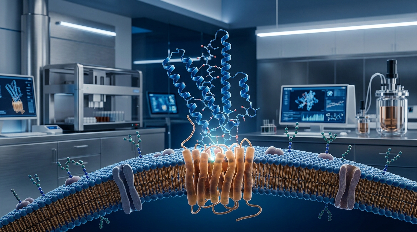 3D molecular visualization of semaglutide peptide structure binding to a biological receptor in a scientific research laborat