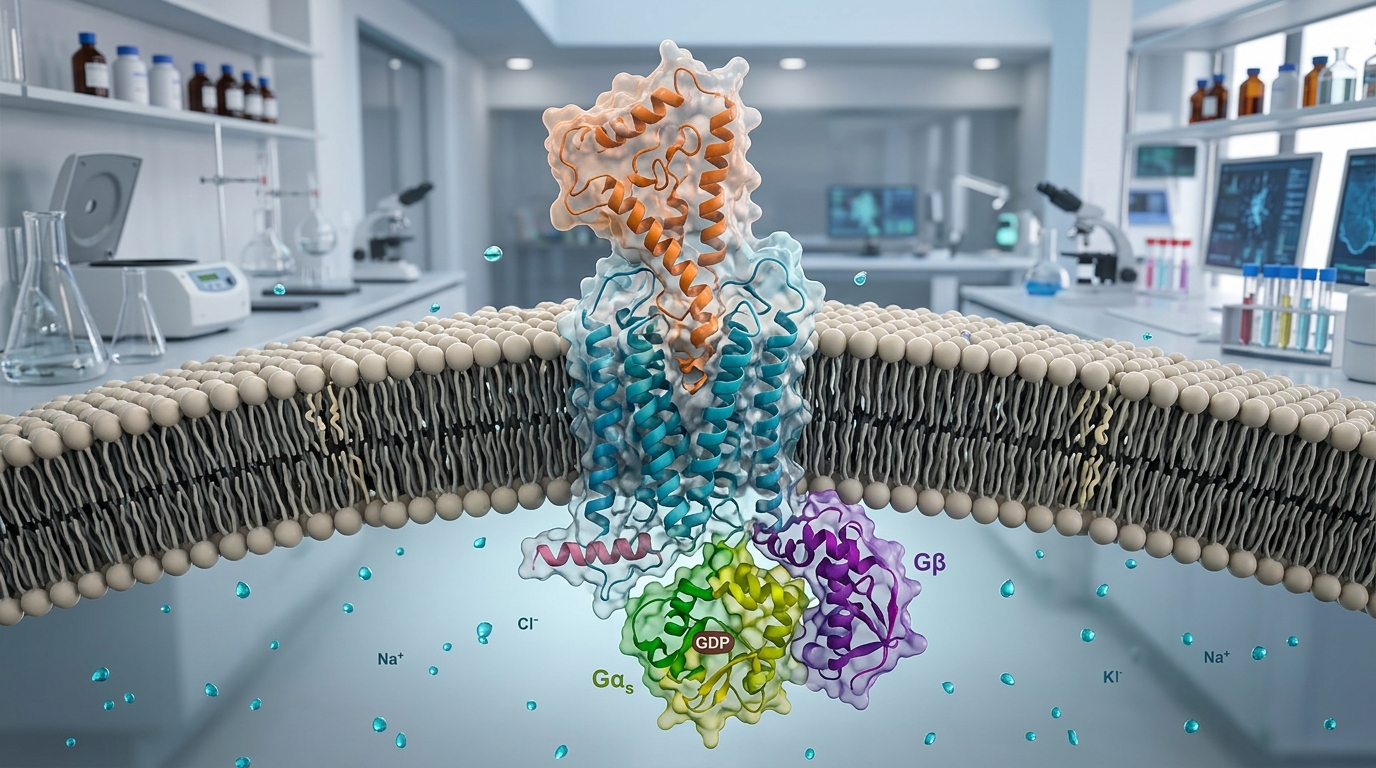 3D molecular visualization of the GLP-1 receptor embedded in a lipid bilayer membrane.
