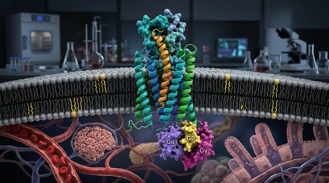 3D molecular rendering of the GLP-1 receptor embedded in a cell membrane interacting with a peptide ligand.