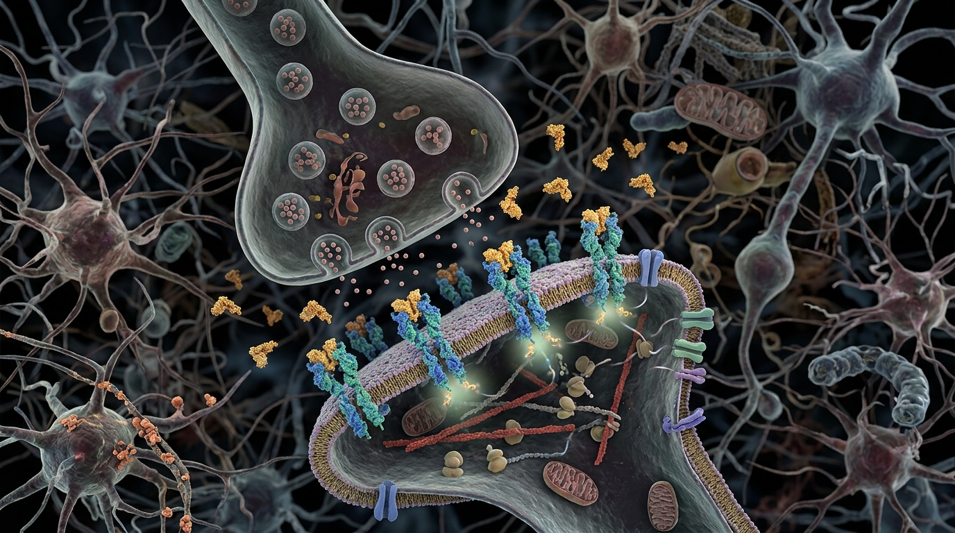 Scientific 3D rendering of neurotrophin molecules interacting with neuronal receptors in ischemic brain tissue.