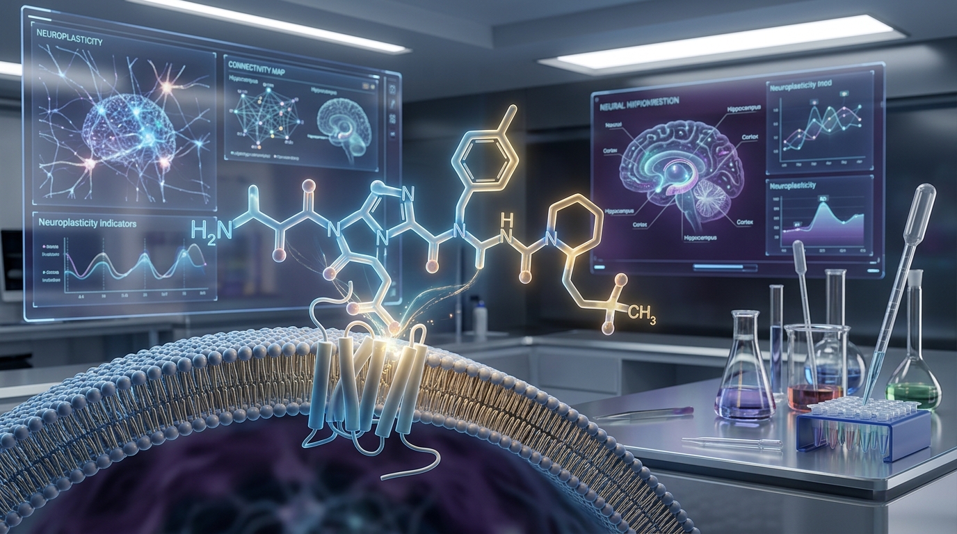 3D visualization of the Semax research peptide structure with neural network accents