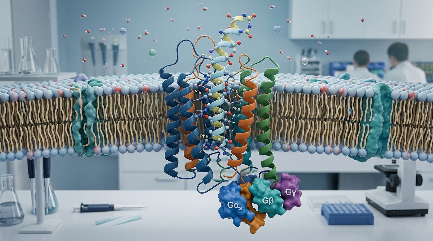 3D scientific visualization of a peptide ligand binding to a G-protein coupled receptor on a cellular membrane.
