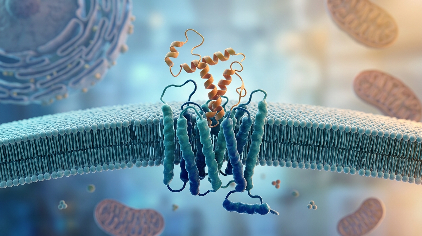 3D molecular visualization of Sermorelin peptide interacting with pituitary somatotroph receptors.