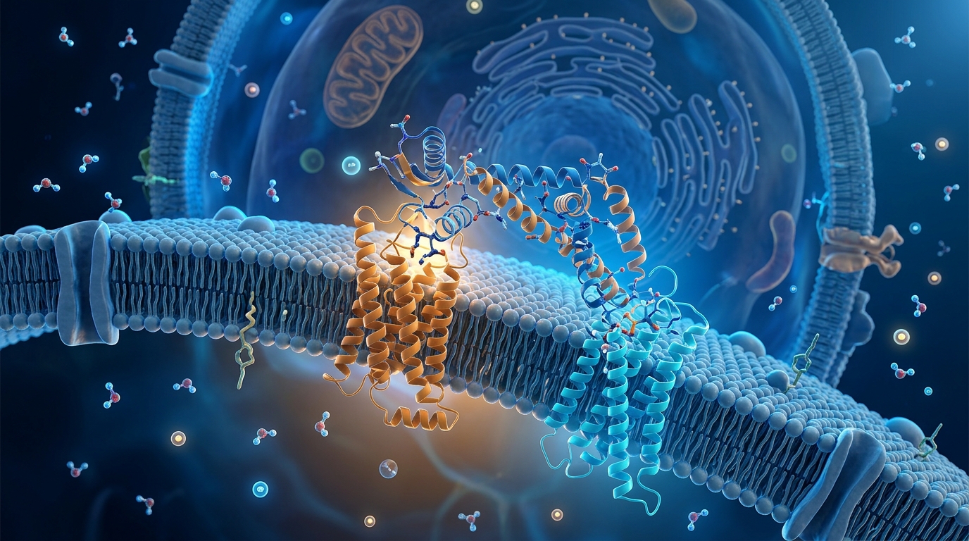 3D scientific illustration of Survodutide dual GLP-1 and glucagon receptor agonist interaction