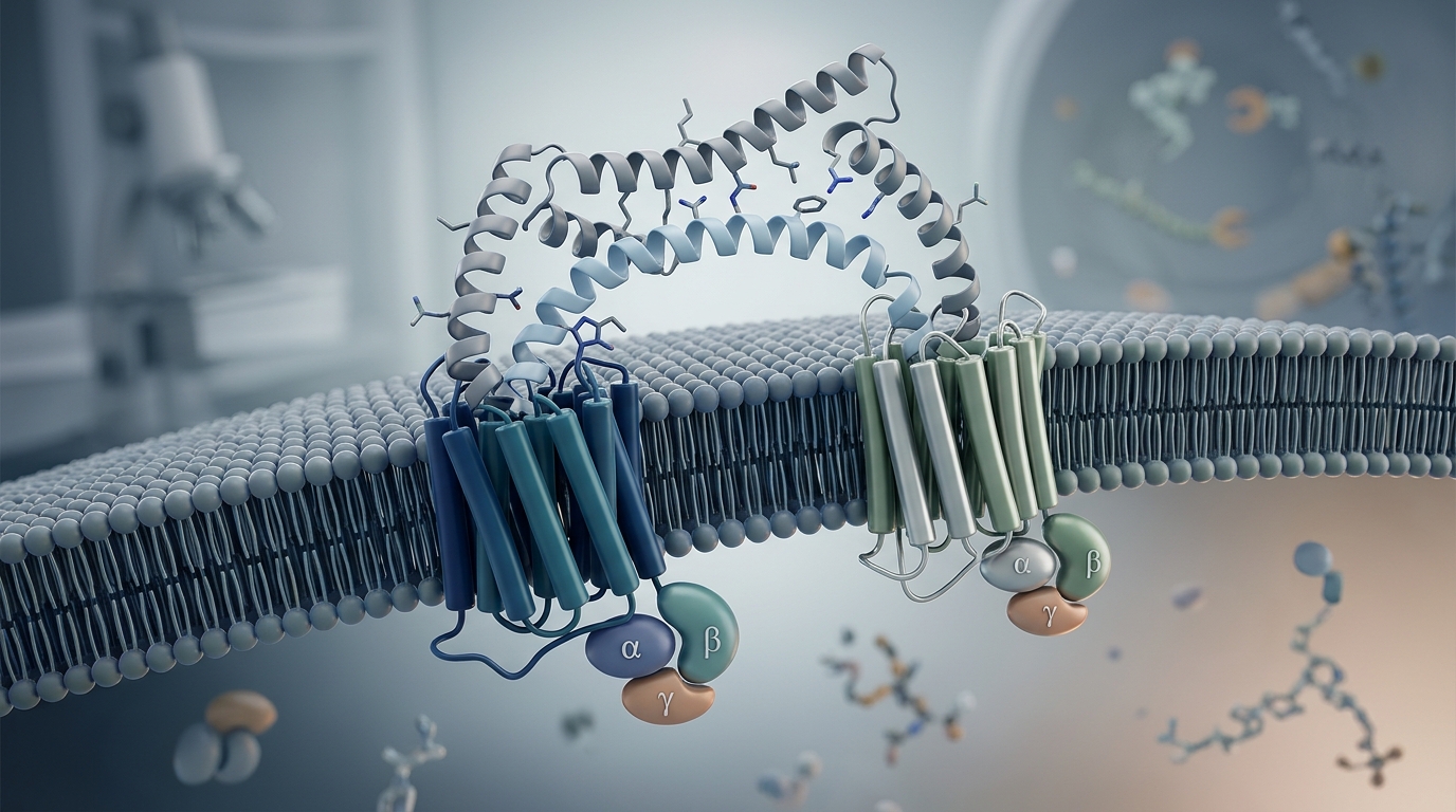 3D scientific rendering of dual GLP-1 and glucagon receptor activation by peptide ligand survodutide