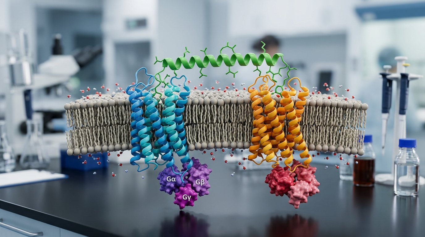 3D scientific rendering of a dual agonist peptide binding to GLP-1 and glucagon cell surface receptors.