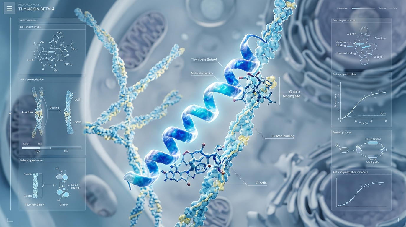 3D molecular visualization of the TB-500 Thymosin Beta-4 peptide structure interacting with actin filaments in a medical labo